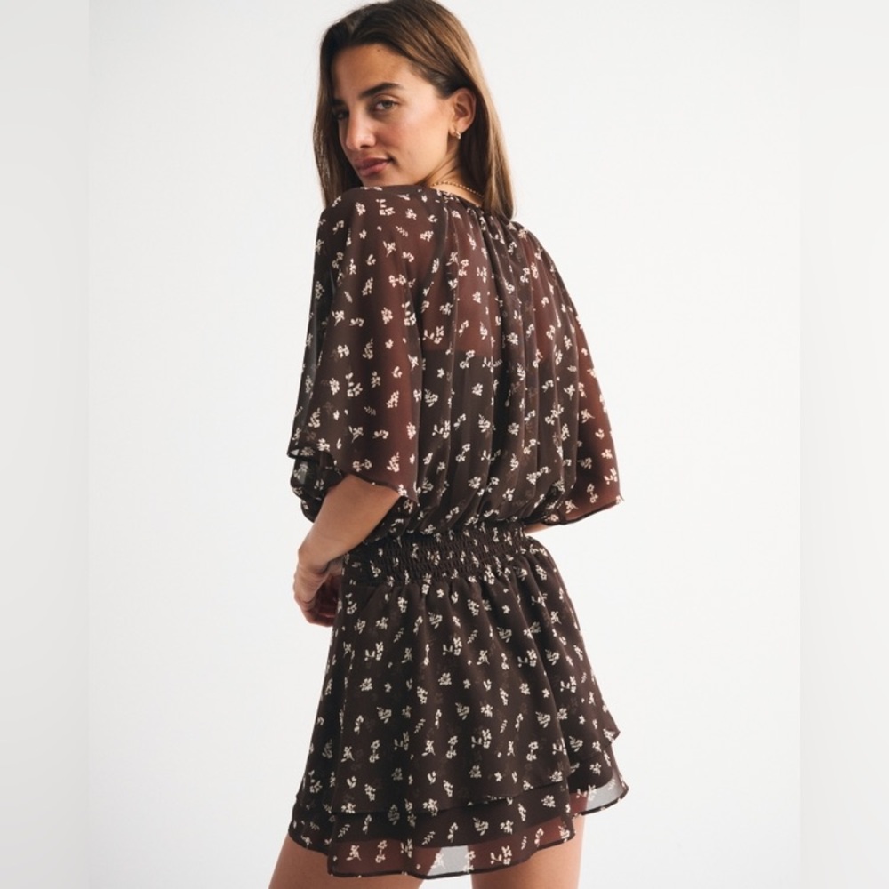 EUC Abercrombie Angel Sleeve Sheer Mini  Dress Brown Floral Cottagecore TALL - Picture 5 of 15
